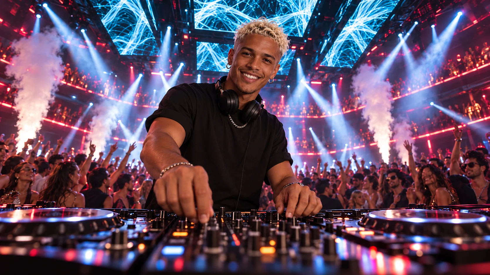AI artwork of Lee at the decks, surrounded by blue lights and a cheering crowd