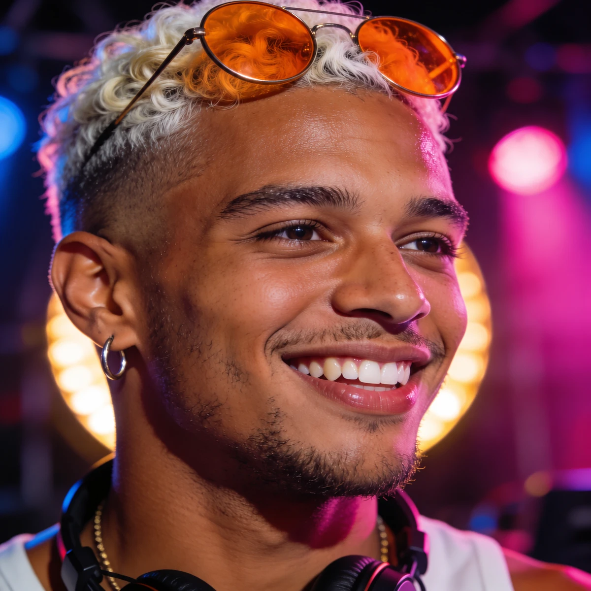 Lee smiling with orange sunglasses on his head in pink party light